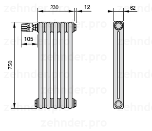 Схема (чертеж) Радиатор Zehnder Charleston 2075/5 №V012 Белый глянцевый RAL 9016